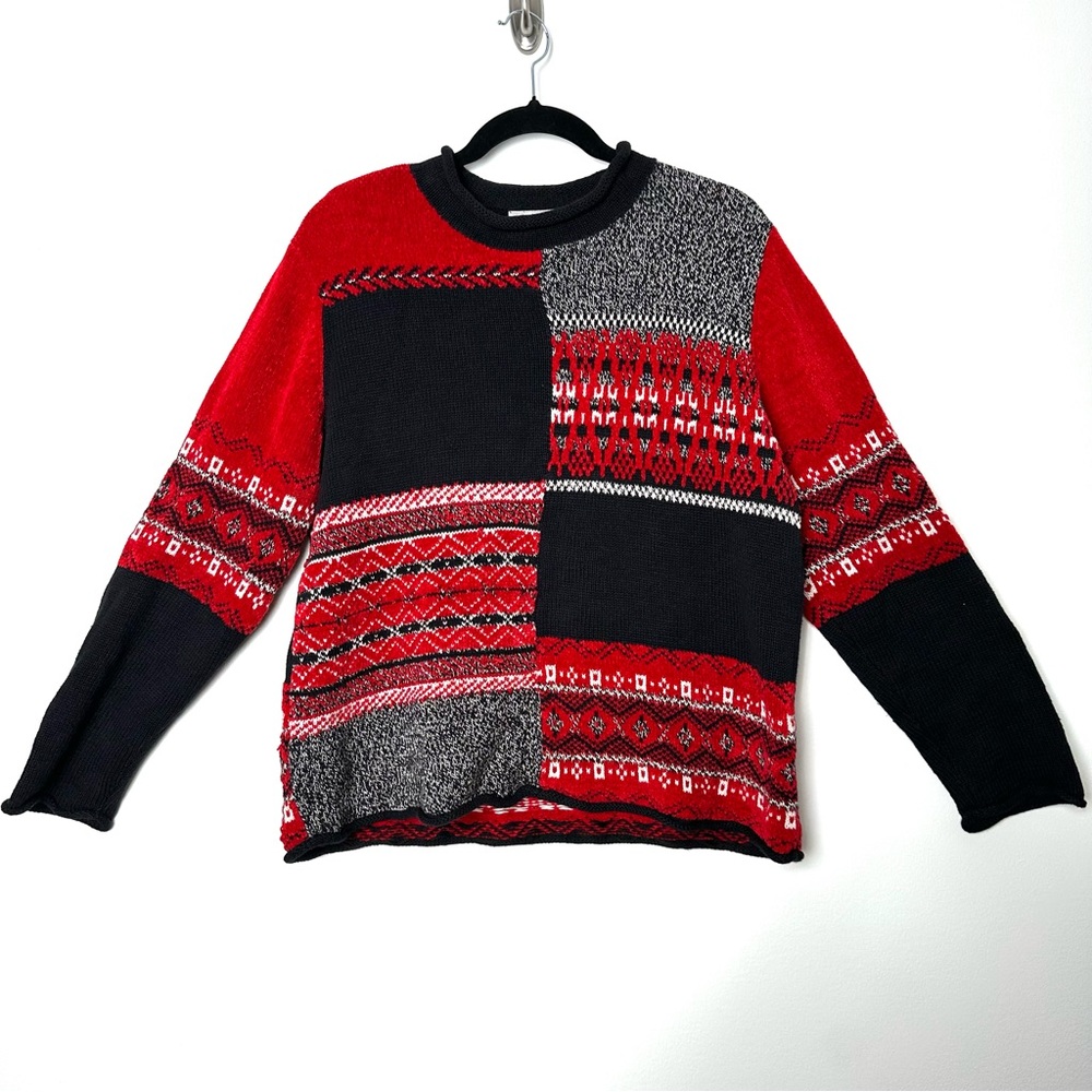 Vintage Grannycore Chenille Cozycore Fair Isle Patchwork Knit Christmas Sweater